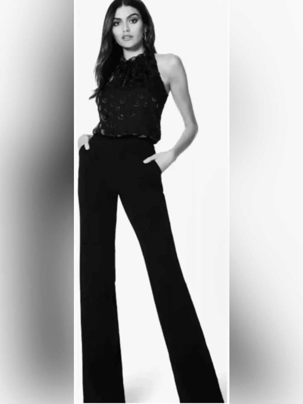 Ramy Brooks Black Halter Neck Jumpsuit w/ Gold Moon/Circle Sheer Bodice -Size 6